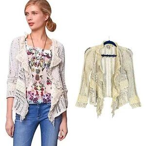 Anthropologie Knitted & Knotted Salt and Pepper Fringe Lace Cardigan